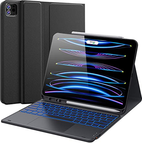 CHESONA iPad Pro 12.9 Hülle mit Tastatur, Smart Touchpad, 7-Farbige Beleuchtung, 2 BT Kanäles, Abnehmbare QWERTZ Tastatur für iPad Pro 12.9 6./5./4./3 Gen(2018-2022), Schwarz