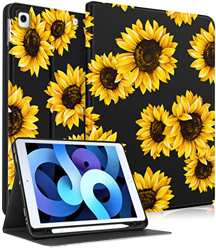 Uppuppy Schutzhülle für iPad 9. / 8. / 7. Generation, 10,2 Zoll, Mädchen, niedlich, Damen, Folio-Smartcover, Stifthalter, Sonnenblume, ästhetisches Design, Mädchen, Kawaii, Teenager, einzigartige