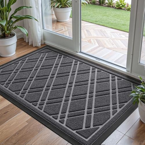 DEXI Fußmatte Außen 60 x 90 cm, waschbar Schmutzfangmatte, rutschfeste Fussmatte für Innen & Außen, Fussmatten Haustür Wasserdicht Türmatte für Eingang, Flur, Terrassentür- Grau