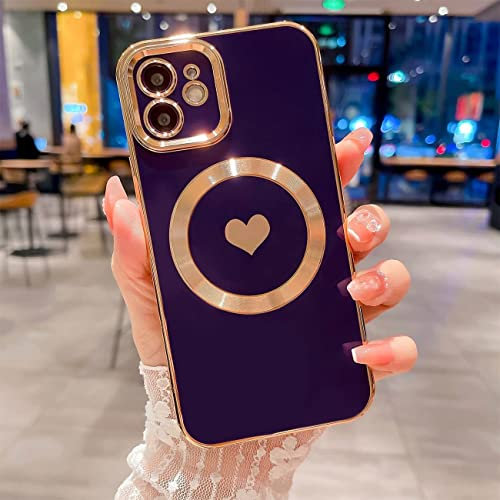UEEBAI Wireless Charging Magnetic Phone Case For iPhone 11, Built-in Compatible with MagSafing Faster Charging Slim Fit Heart Pattern Soft TPU Microfiber Cover - Heart Purple