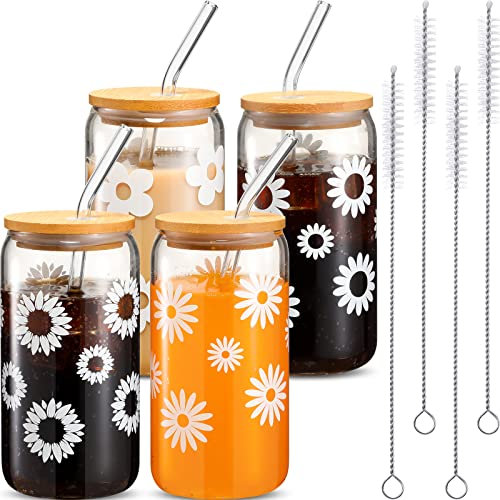 Cunhill 4 Pcs Iced Coffee Cup with Bamboo Lid and Straw 16oz Employee Appreciation Gift Glasses Cup Daisy Flower Butterfly Beer Can Cup Gift for Teacher Women Employee Coworker(Flower)