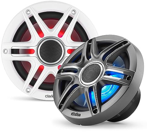 Clarion CMSP-651RGB-SWG - Altoparlanti coassiali marini premium da 6,5 con illuminazione RGB integrata, 50 W RMS, con griglie metalliche bianche e grigie