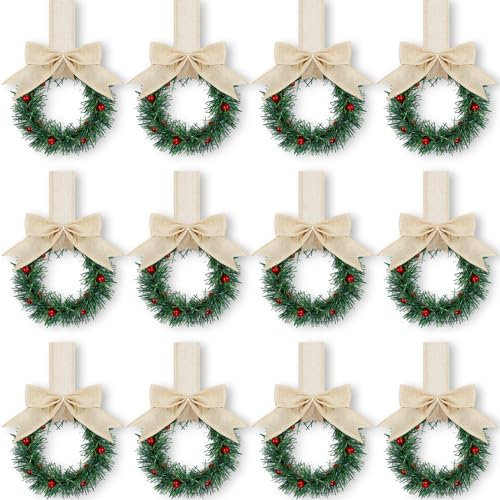 Retrowavy Weihnachtskränze für Küchenschrank, mit Band, Mini-Weihnachtskranz, kleiner Küchenkranz, grüner Kranz für Fenster, Tür, Beige, Jute-Stil, 12 Stück