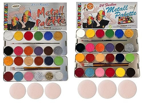 Eulenspiegel 224205 - Profi-Aqua Schminke, 21 Farben, 3 Glitzer, 3 Profi-Pinsel, Metall-Palette & 224007 - Profi-Aqua Schminke, 24 Farben, 3 Profi-Pinsel, 3 Schwämme, Metall-Palette