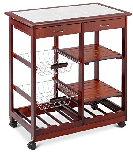 COSTWAY Kitchen Serving Trolley, Rolling Storage Bar Cart with Tile Worktop, Wine Racks, Mesh Baskets, Drawers & Shelves, Wooden Kitchen Island on Wheels for Home Restaurant (Burgundy)