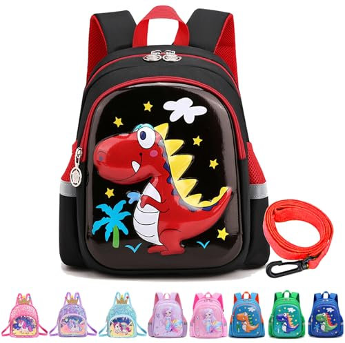 YOUYIKE Dino Rucksack Kindergarten, 3D Schwarz Dino rucksack kinder mit Anti-verlorenes Seil, Kita Rucksack, Kindergartenrucksack für Jungen im Alter von 2 bis 5 Jahren