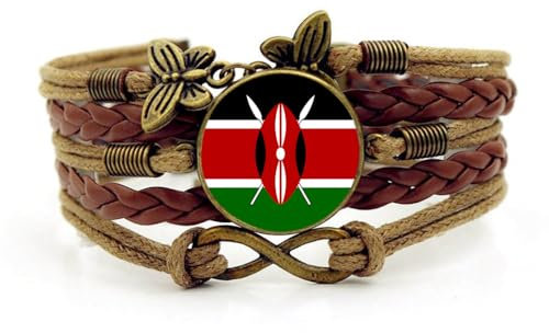 ALTCIRNMD Kenya Flag Leather Bracelet - Vintage Glass Dome Men Bangle Jewelry Gifts,Kenyan Flag Unisex Patriotic Patriot Flag Wristband For Women Country Souvenir Gift For Men Women,Brown,17+5Cm