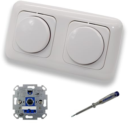 REV Ritter (2 Stück) LED Drehdimmer Dimmer + Busch Jäger Dimmerscheiben 2115-214 in ReflexSi alpinweiß glänzend im 2-fach Rahmen inkl. EBROM Phasenprüfer zur Montage der Geräte ET1 66012B