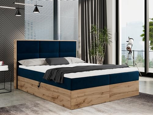 MKS MEBLE Boxspringbett 180x200 mit Bettkasten Eiche, Polsterbett 180x200 mit Matratze H3, Bett 180x200 mit Kopfteil, Bett mit Holzrahmen in Wotan Eiche - 180x200 - Dunkelblau Velvet - Albero-2