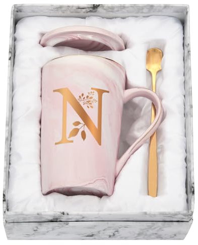 Joymaking Personalisierte Tasse mit Buchstaben Kaffeetasse mit Blumen Motiv, Namen Initiale persönliche Geschenke Kaffeetasse für Frauen Freundin, N - 400ml Rosa
