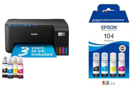 Epson EcoTank ET-2861 A4 Multifunction Wi-Fi Ink Tank Printer, With Up To 3 Years Of Ink Included EcoTank 104 Genuine Multipack Ink Bottles
