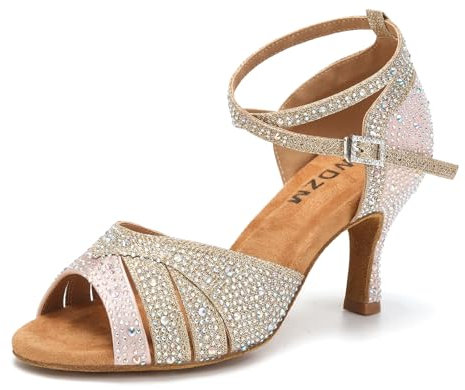 SWDZM Tanzschuhe Damen Latein Glitzer Professionell Salsa Tango Party Hochzeit Ballsaal Tanz Schuhe,Rosa+Gold,Ferse 7.5cm,Wildledersohle,43EU