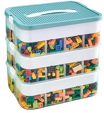 Dreifach Aufbewahrungsbox für Lego Bausteine Ablagefächer Stapelbar Kisten Spielzeug Aufbewahrung mit Deckel Stapelboxen Kunststoff Sortierboxen Kleinteile Transparent (box only)