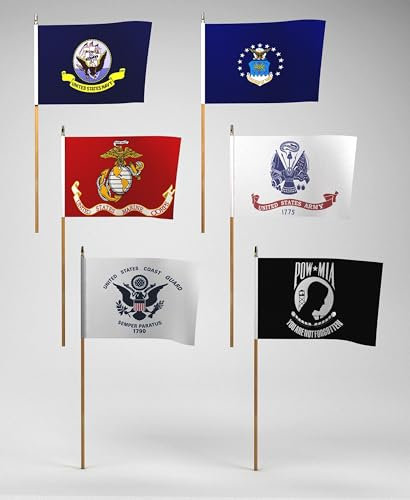 LUIVU Set mit 6 Militärflaggen mit 5 Zweigen, Armee, Marine, Luftwaffe, Küstenwache und Pow Mia Stick Flagge, 30,5 x 45,7 cm, Armee-Polyester-Flaggen-Set, Space Force, lizenzierte Streitkräfte Flagge