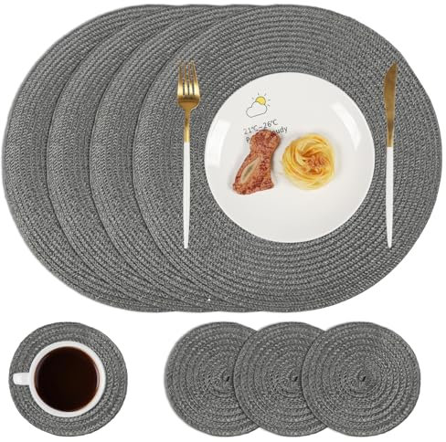 Famibay Place Mats and Coasters Set of 4 Round Woven Placemats Dining Table Place Mats Heat Resistant Washable Grey Table Mats for Kitchen Dining