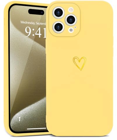 Wirvyuer for iPhone 15 Pro Max Cute Heart Case for Women, Yellow | Skin-feel Soft Silicone, Love-Heart Pattern Design Phone Case, Shockproof Protective Slim TPU Bumper Cover for Girls