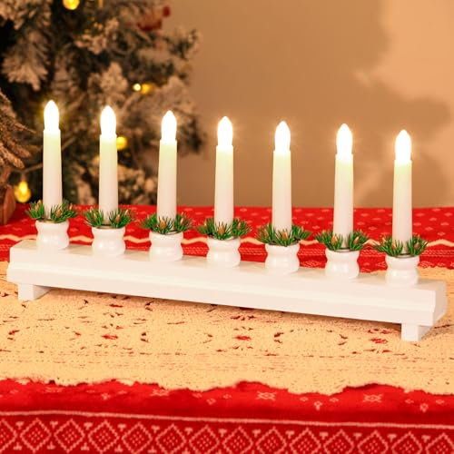 Lewondr Weihnachten Schwedischen Kandelaber, Elektrische Kerzen mit 7 Flammenlose Kegelkerzen, hölzerne Kerze Brücke Licht mit USB betrieben, Dekorative Weihnachtskerze Lichter für Hochzeit, Weiß