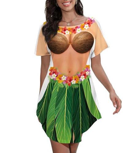 Women's Bikini Body Printed T Shirt Short Sleeve Beach Cover Up Luau Party Hawaiian Shirt, Hawaiian Shirt, Large