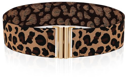 AOZUO Leopardenmuster,Taillengürtel Damen,80cm Kleid Leopardenmuster Damen Breiter Stretch Gürtel Schmal Elastischer Bund Vintage mit Elastischem Retro Kleid Tuck Flache Schnalle Kleidergürtel Gold