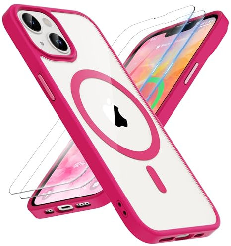 ORETECH Designed for iPhone 13 Case, iPhone 14 Clear Case Magnetic Compatible with Magsafe and 2 x Screen Protector Anti Yellowing Ultra Slim Thin Shockproof Clear Back Phone Case Cover 6.1''-Hot Pink