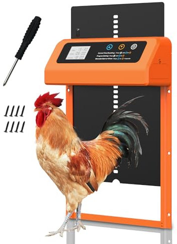 Hühnerklappe automatisch mit Zeit/Handmodus, Aluminiumlegierung automatische Hühnerklappe, elektrische Hühnertür kältetauglich | LCD-Bildschirm | Anti-Klemm (Orange Farbe)