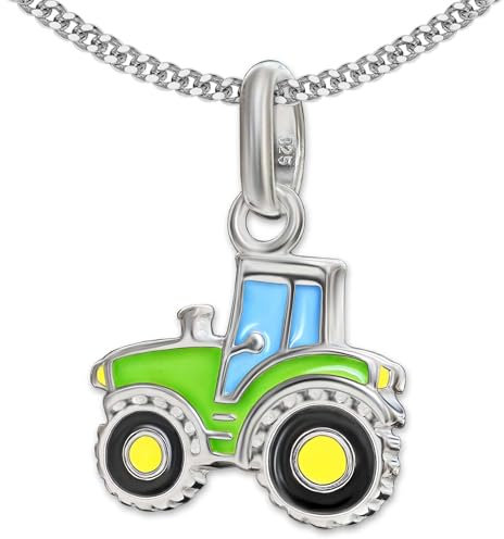 CLEVER SCHMUCK Set Silberner Kinder Anhänger Traktor 10 x 11 mm bunt lackiert mit Kette Panzer 40 cm STERLING SILBER 925 im Schmucketui