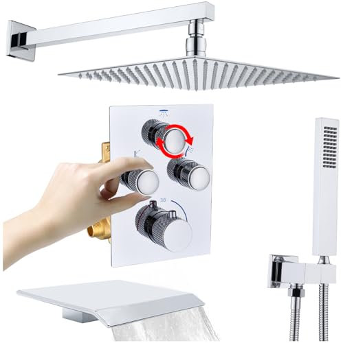 12 Inch Shower Faucet Set with Tub Spout, Push Button Diverter Shower System with Wall Mounted Rain Shower Head and Handheld Shower, Chrome