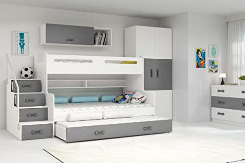 Interbeds Etagenbett Hochbett MAX 3 für DREI Kinder mit DREI Matratzen: 80x200cm / 120x200cm / 80x190cm Kinderbett (weiß+grau)