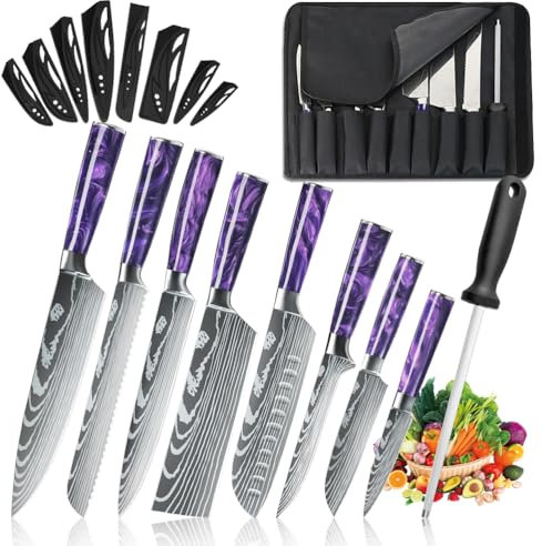MDHAND Set de Couteaux de Cuisine, 8 pièces couteau cuisine professionnelle avec étui à roulettes, acier inoxydable à haute teneur en carbone extrêmement tranchant Ensemble de couteaux de cuisine