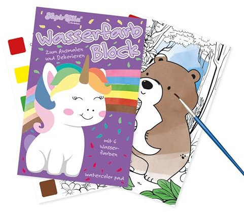 Lutz Mauder Malbuch mit Wasserfarben für Kleinkinder und Kinder im Alter von 1-3 und 2-4, Aquarell-Malpapier, magisches Buch TapirElla Einhorn mit Pinsel