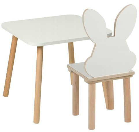 PlayPals Furniture Kindertisch mit Stühlen- Kinder Tisch Stuhl Set aus Holz, 50 x 50 cm- natürliche Sitzmöbel Holz für Kinder- Kinderstuhl-Set Kaninchen