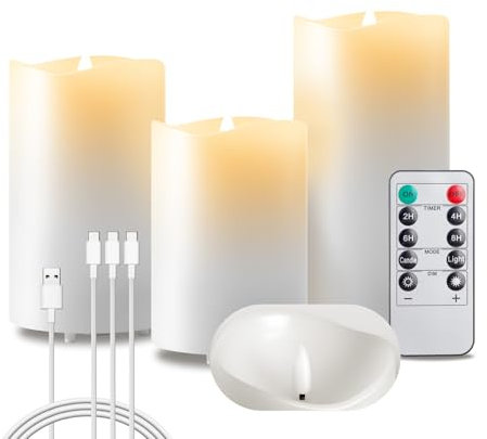 EXTSUD Flammenlose LED Kerzen 3er Flackerndes Echtwachs Kerzen Aufladbare LED Kerzen mit Timer und Fernbedienung 7,5x10.5,13.5,16 CM Stumpenkerzen für Haus Hochzeit Weihnachten Halloween Party Decor
