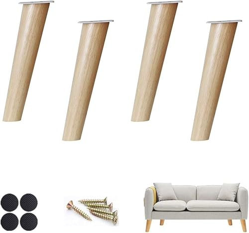 Lot de 4 Pieds de canapé en Bois Massif, Coniques et inclinés, pour Table Basse, Pieds de lit, Couleur Bois, avec Plaque de Montage et vis (25 cm).