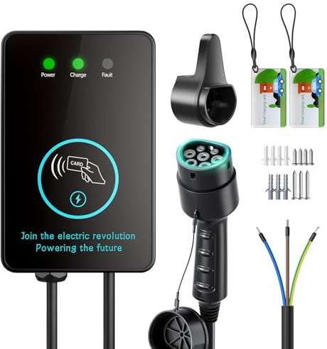 Evjuicion Borne de Recharge Véhicules Électrique 7kW, Monophasé 32A Rapide Station de Recharge pour Voiture Electrique avec Cartes RFID, Indicateur LED, Wallbox avec 5M Câble de Type 2, IEC 62196-2
