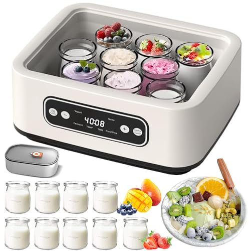 Yogurtiera Automatica, yogurtiera elettrica da 1,6 l con 9 Bicchieri in Vetro e Contenitore in Acciaio Inox da 1,6 l, Timer da 12 Ore, Temperatura Regolabile, yogurtiere Fatte in casa per la casa
