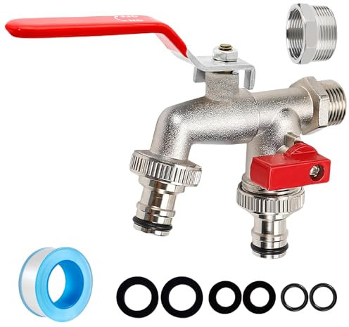 Double Garden Tap with 1/2inch Red Brass Water Faucet and 2 * 3/4 inch Ball Valve Faucet Hose Fitting Garden Kit for Outside Double Outlet Outdoor Tap