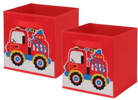 BonChoice Foldable Storage Cubes Boxes with Handle for Home Organization, Fabric Wardrobe Storage Box Organizer Basket Bins for Clothes Toys Towels, Collapsible&Durable (2, Red Truck)