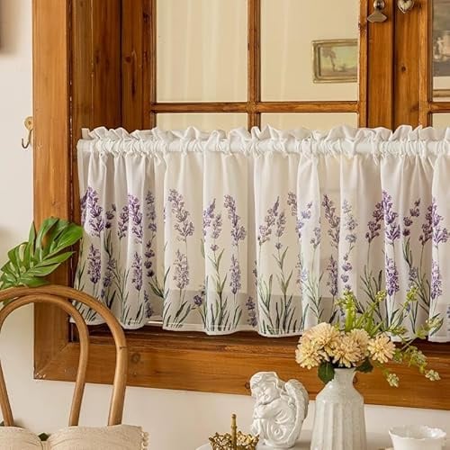 Devola Kurzgardine Lavendel Halbtransparente Scheibengardine mit Blumenmotiv Küchengardinen Landhausstil, Fensterdeko Gardinen für Bad, Wohnzimmer & Café HxB 40x150cm Weiß 1 Stück
