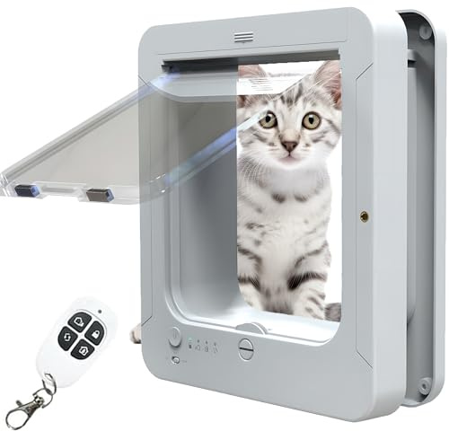 Smart kattdörr, kattlucka med mikrochip, med 2 sensorhalsband och 1 fjärrkontroll, öppningsstorlek: 7.7 * 8.3 in, för katt, valp （vit）