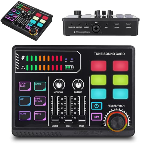 Gaming Audio Mixer,RGB Mischpult für XLR Mikrofon PC Mixer for Streaming mit 48 V Phantom Power,DIY Sound Effects,Volume Control für Streaming Musiker,Gesang,Gaming,Podcast, Aufnahme