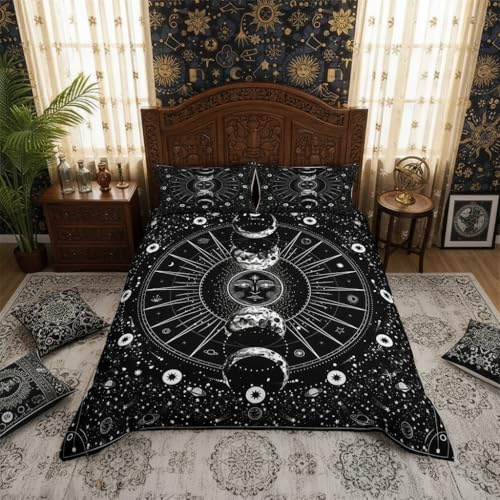 feelingyou Sonne und Mond Bettwäsche Set L Größe, Boho-Stil psychedelisch, schwarz und weiß, 3st. Reißverschluss, Mikrofaser, 200x200cm mit 2 Kissenbezügen, 3 Stück