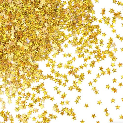 Fesnova Goldene Sterne Konfetti, 5mm Glitzernde Sterne Deko für Party, Valentinstag, Hochzeits & DIY Fensterdeko