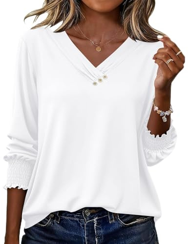 Rapbin Womens Blouses 3/4 Sleeve Tops V Neck Shirts with Buttons Decor | Spring Summer Casual Elrgant Tunic Dressy