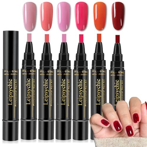 6PCS Polish Nail Polish Pens UK, One Step 3-in-1 Gel Nail Polishs Pen Set, Quick Dry Nails Polishs Pens, No Base Coating Required, DIY Nails for Girls and Ladies (Set A)