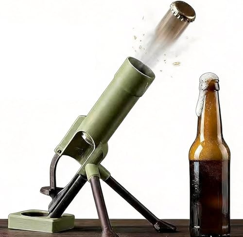 Aubzy Abrebotellas tipo mortero con expulsión de cápsula, diseño cañón, apertura por presión, para botellas de 300 ml – ideal para bar en casa, fiesta y regalo divertido para hombres