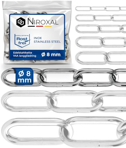 Edelstahlkette V4A A4 langgliedrig DIN 763 / DIN 5685 – 8 mm x 3 m – 1 Stück – für schwere Aufhängungen