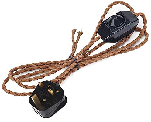 FSLIVING Main Lead Cord Flexible Brown Twisted Fabric Cable pre-Wired Light with in line Switch UK Plug 4.5 m for Ceiling Hanging Pendant Light