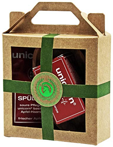 Geschenkset mini grün - unicorn Haarseife + sauer Spülung und Olivenholzschale