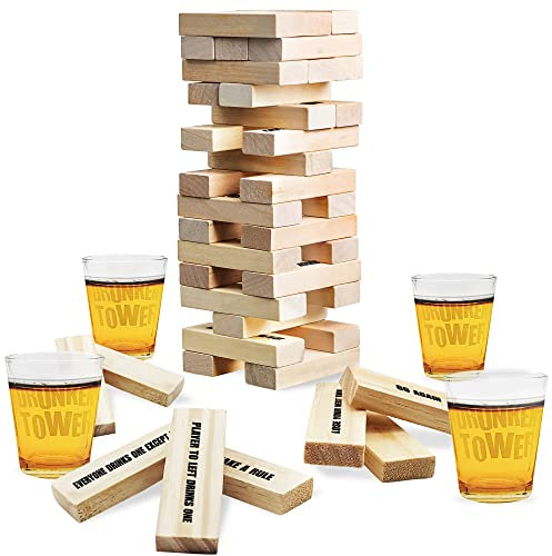 ArtCreativity Tumbling Tower Drinking Games for Adults, with 4 Glasses and 60 Wooden Blocks with Challenges, Fun House Adult Party Games for Game Night, Great Gift Idea for Everyone