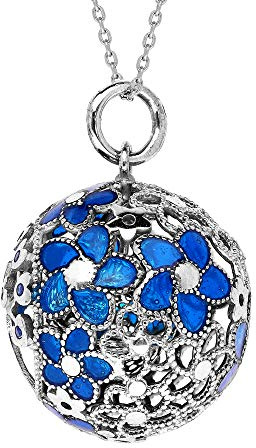 1001 Bijoux Collier argent rhodié bola de grossesse grosse boule ajourée fleurs bleues 90+10cm + écrin (offert) + Certificat d'Authenticité Argent 925‰